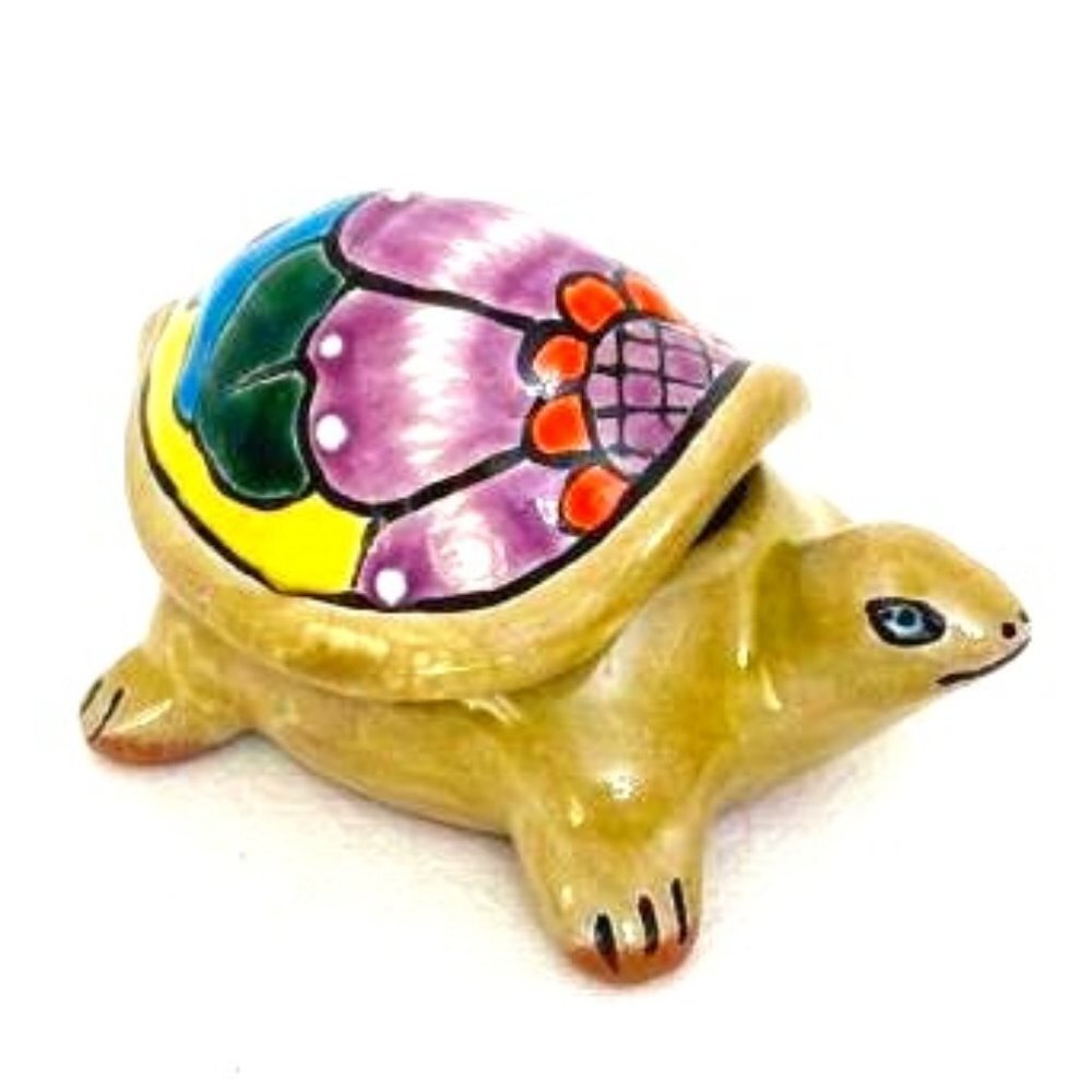 Turtle Trinket Box Ceramic Pottery Hand Painted Keepsake Dish Made in Mexico